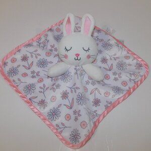 George White Pink Floral Bunny Rabbit Satin Trim Security Blanket Baby lovey